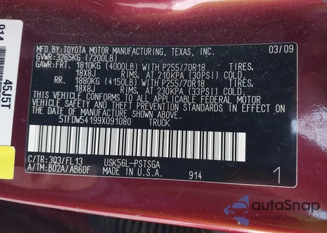 2009 Toyota Tundra Sr5 5.7L V8 from USA, damaged, VIN 5TFDW54199X091080